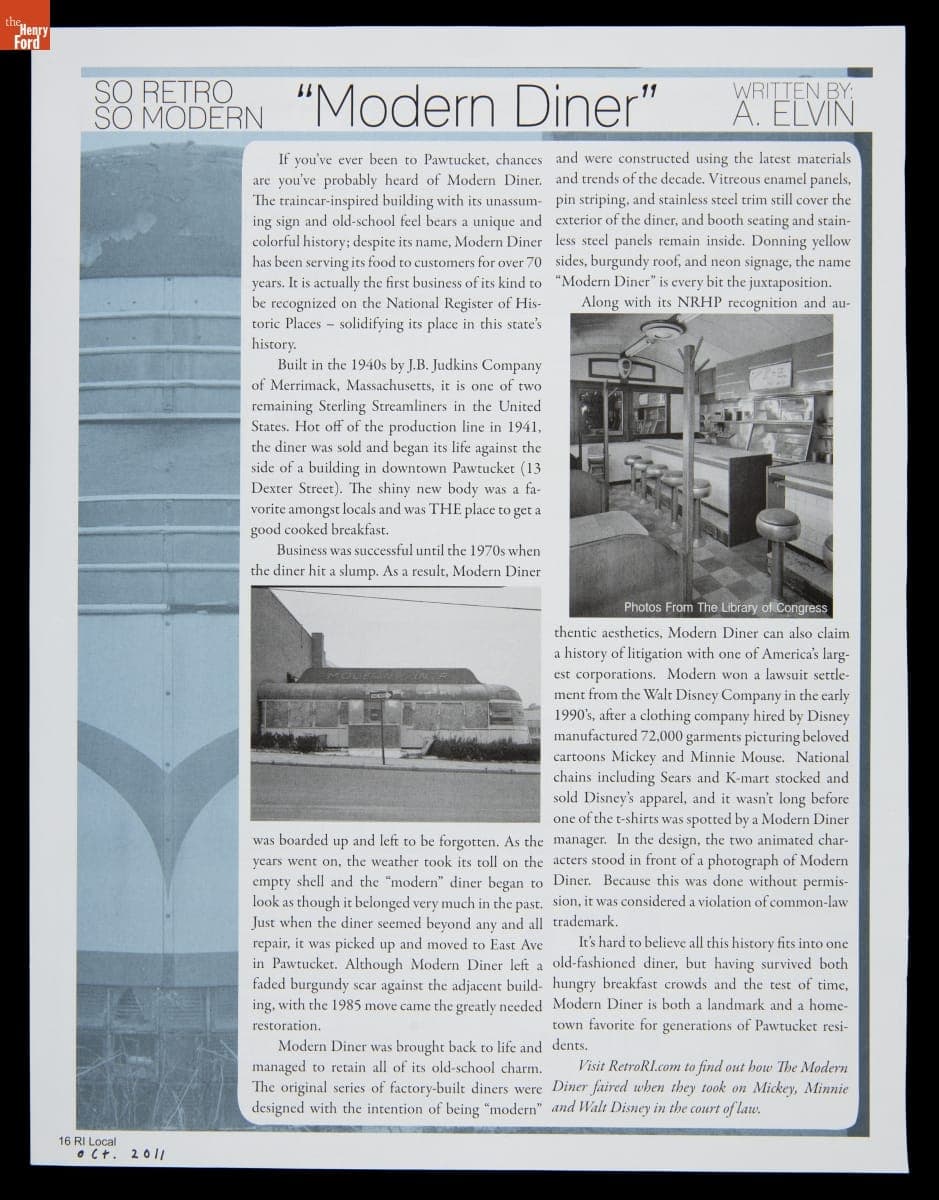 "Modern Diner," Article from "RI Local Magazine," October 2011