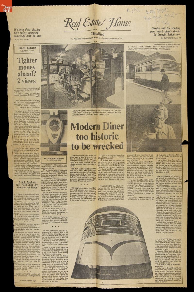 "Modern Diner, Too Historic to be Wrecked," from Providence Journal-Bulletin, November 26, 1977