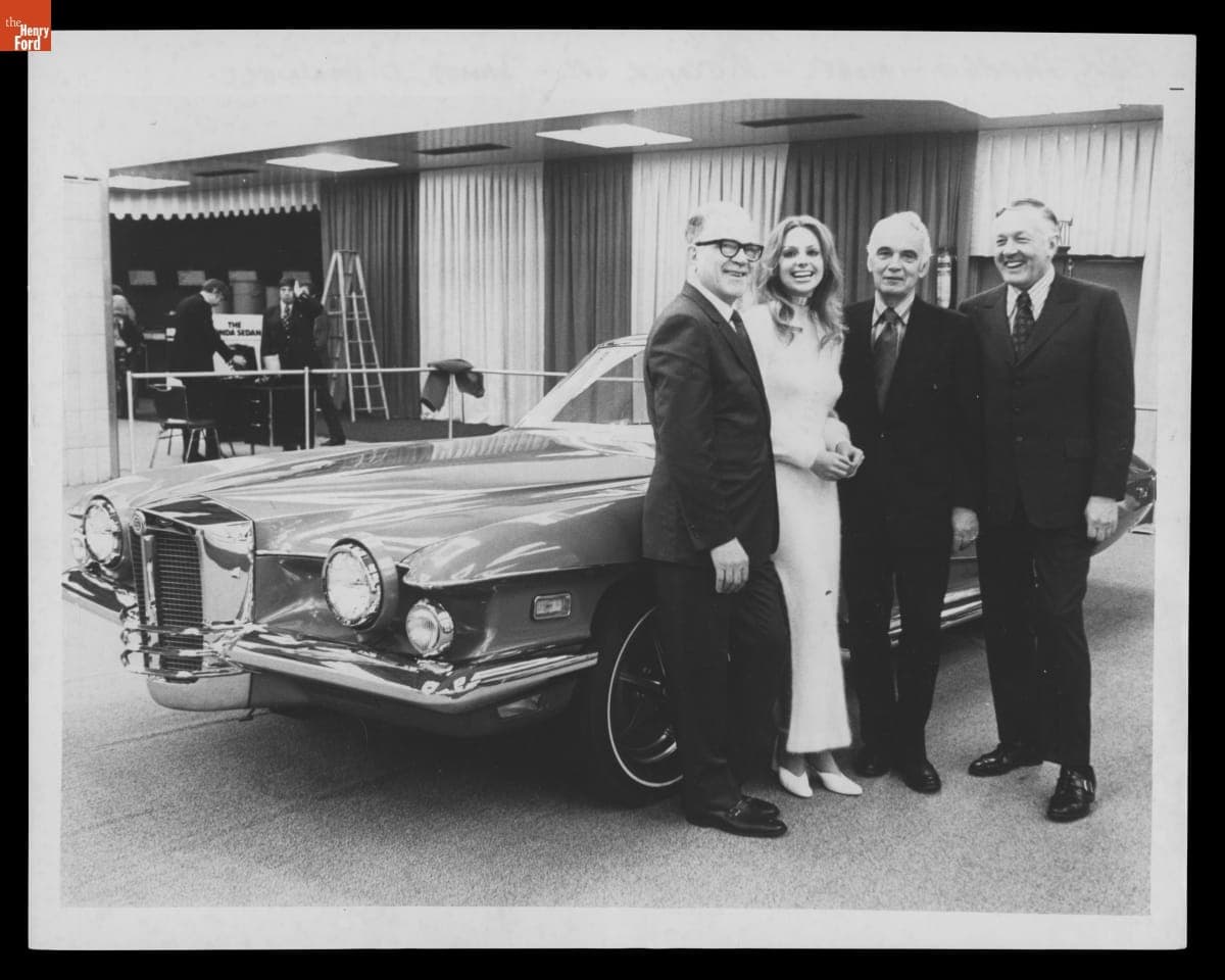 Virgil M. Exner, Unidentified Model, James O'Donnell and Paul Farago with Stutz Blackhawk Car, 1970