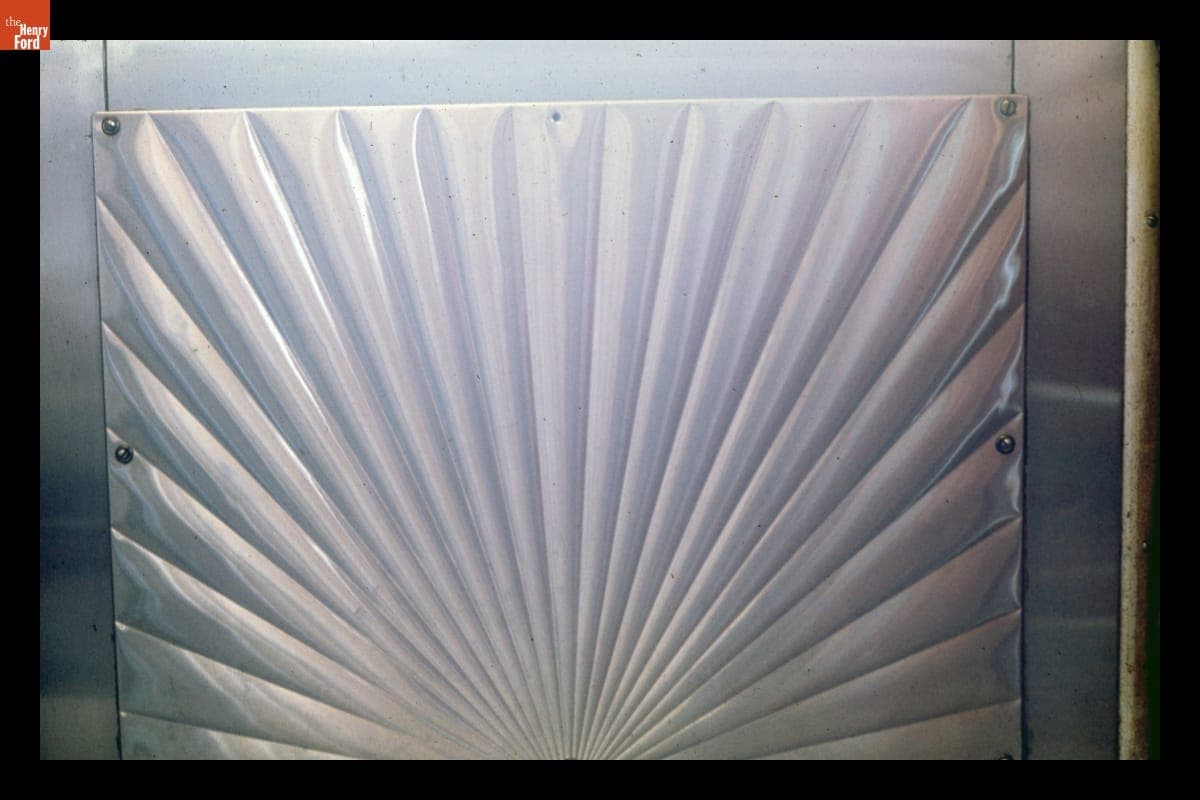 Stainless Steel Sunburst Panel on Door at Top's Diner, Coopersburg, Pennsylvania, August 1976