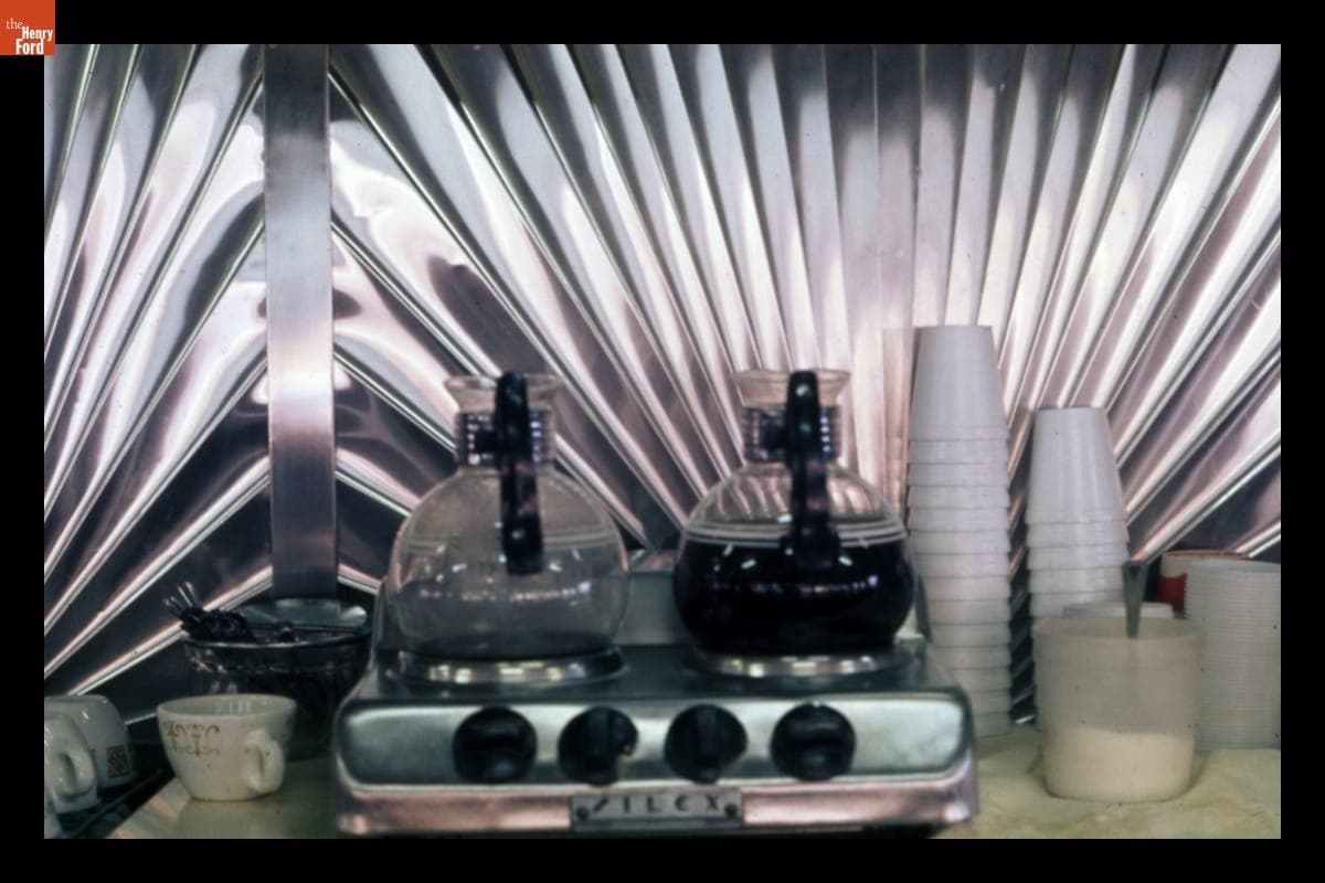 Coffee Pots in Front of Backbar Clad with Sunburst Stainless Steel Panels, Phillips Diner, Woodbury, Connecticut, 1946-1980
