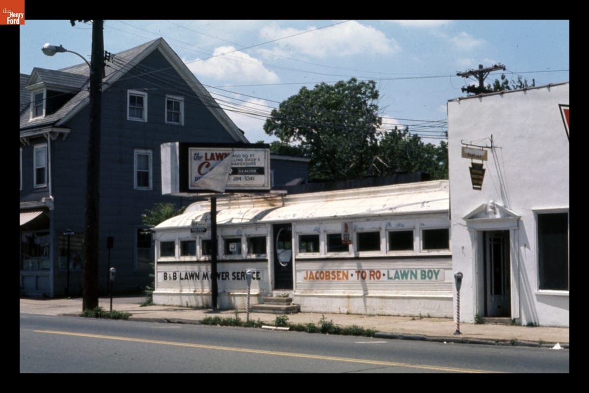 B & B Lawn Mower Service, a Repurposed 1940s Silk City Diner, Route 1, Morrisville, Pennsylvania, June 1976