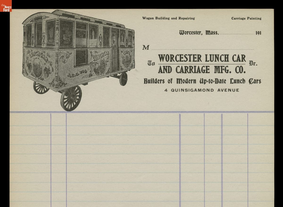 Worcester Lunch Car Company Billhead Form, 1910-1919