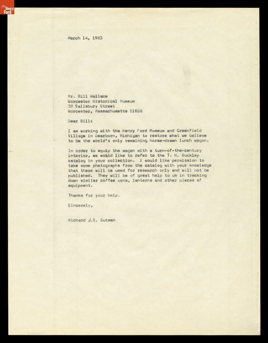 Letter from Richard Gutman concerning the Owl Night Lunch Wagon Restoration, March 14, 1983
