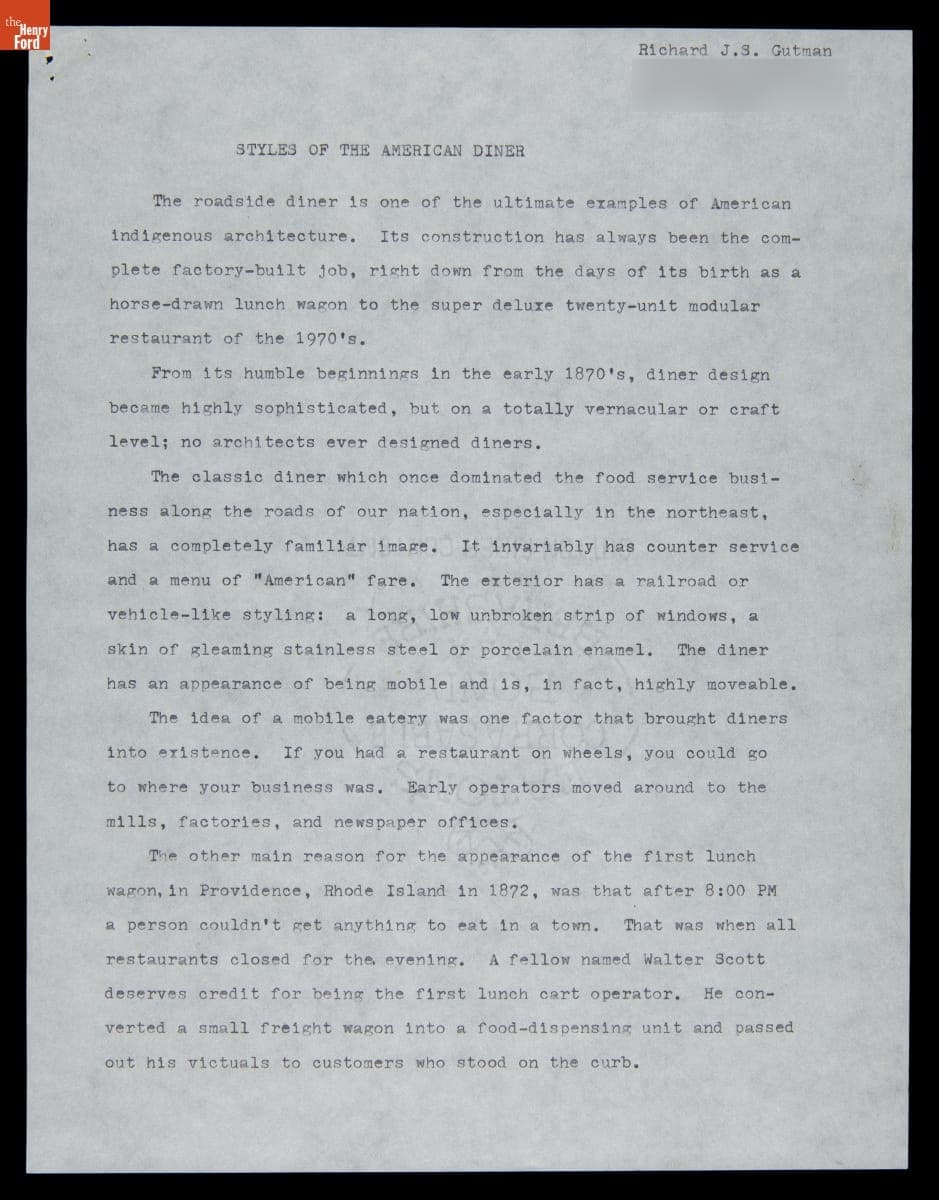 "Styles of the American Diner" Slideshow Script, circa 1975