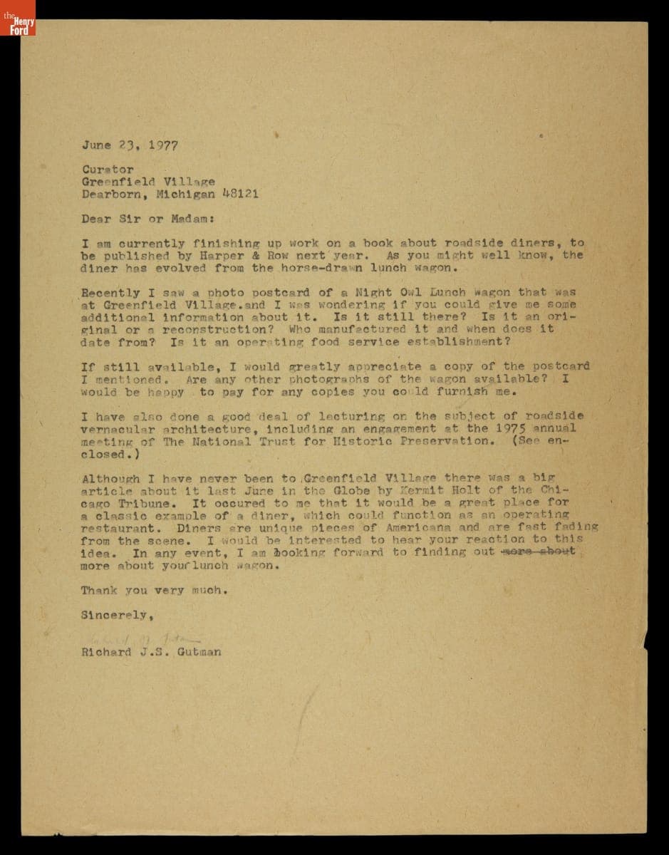 Letter from Richard J.S. Gutman Inquiring about Owl Night Lunch Wagon in Greenfield Village, June 23, 1977