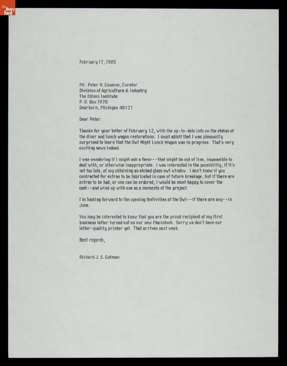 Letter from Richard Gutman concerning Lamy's Diner and Owl Night Lunch Wagon Restorations, February 17, 1985