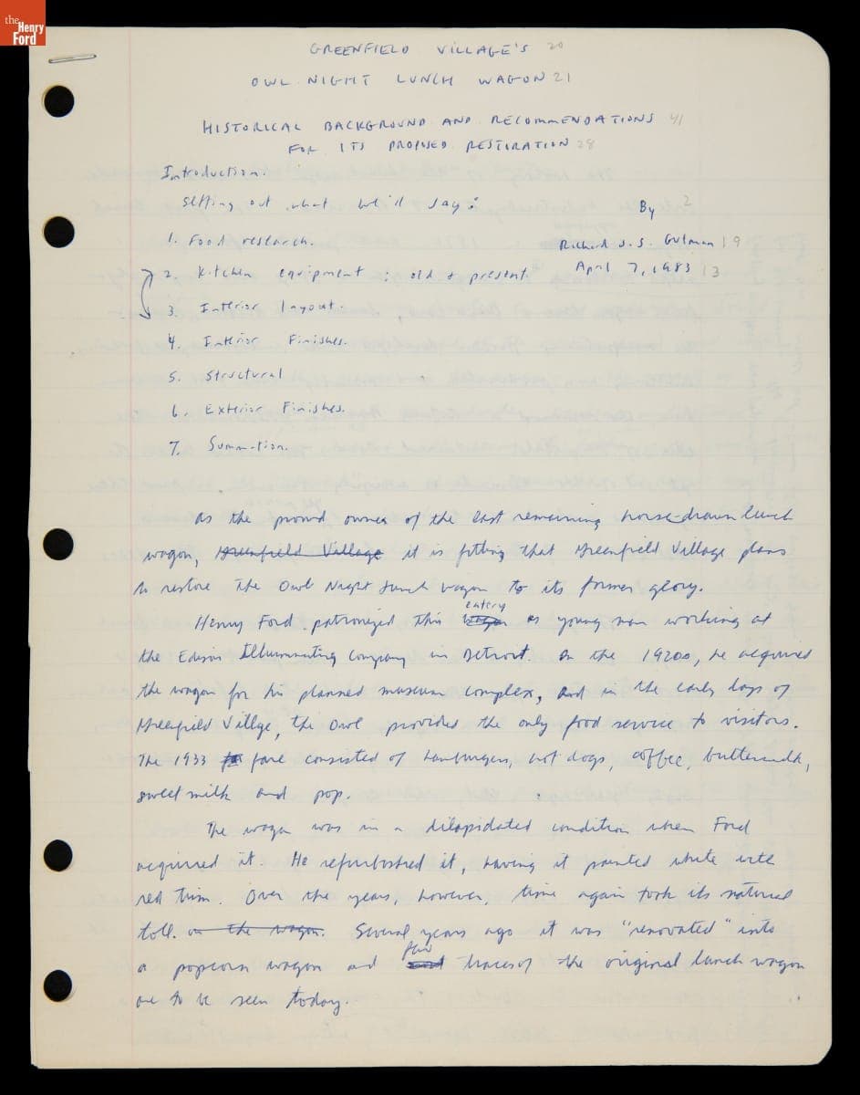 "Greenfield Village's Owl Night Lunch Wagon Historical Background and Recommendations for Its Proposed Restoration," 1983