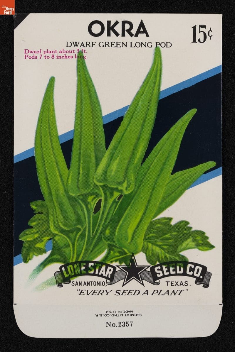 Lone Star Seed Co. "Okra: Dwarf Green Long Pod" Seed Packet, 1972