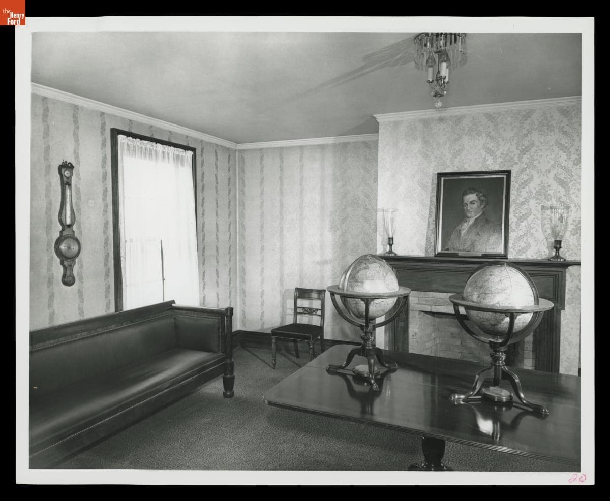During Exhibit Installation in the Second Floor Study of Noah Webster Home in Greenfield Village, April 1962