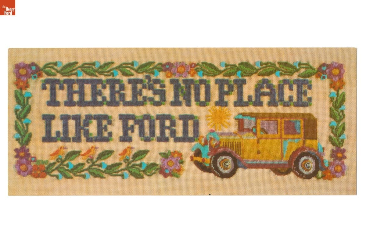 Postcard of an Advertisement with a Ford Model A Worked in Needlepoint, "There's No Place Like Ford," 1974