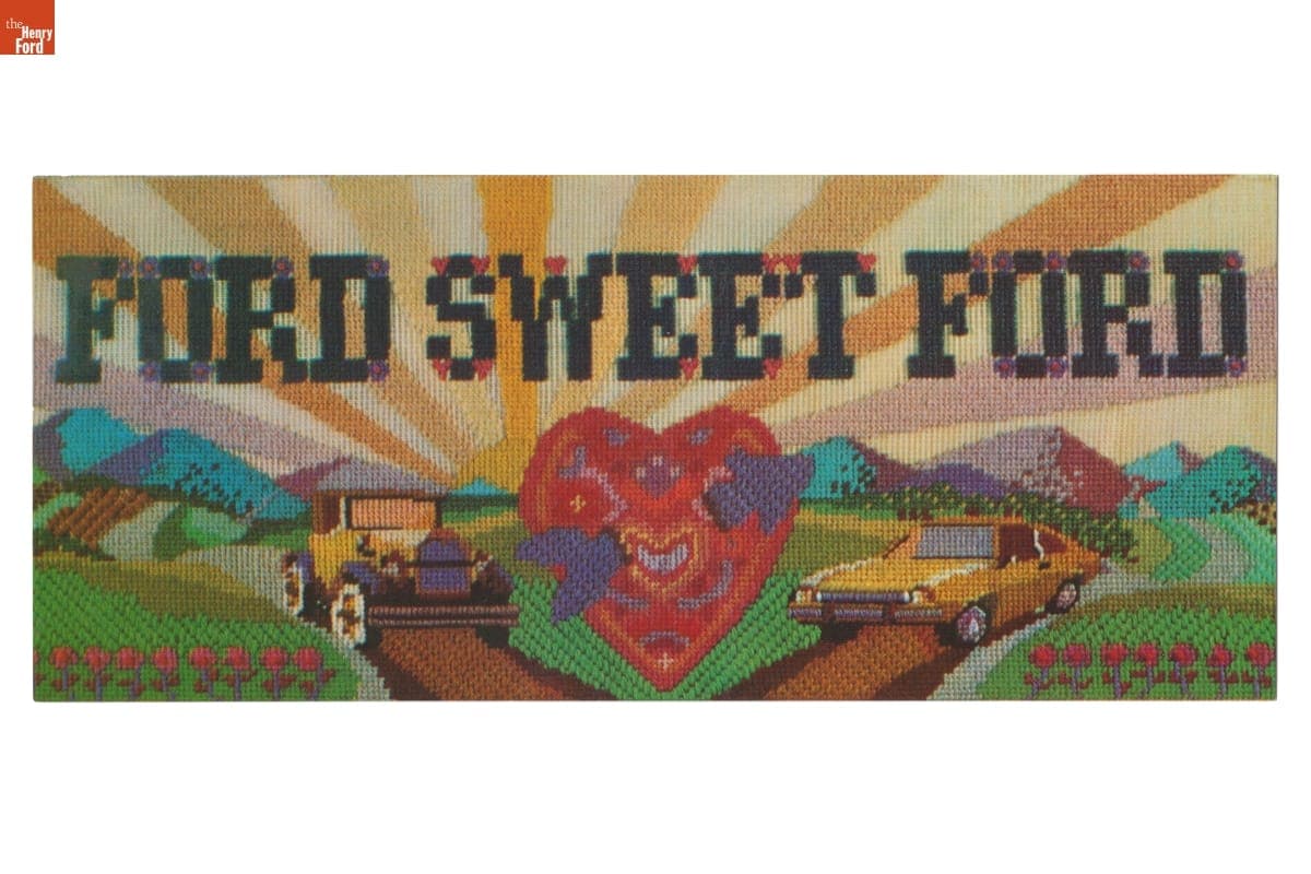 Postcard of a Ford Advertisement Worked in Needlepoint, "Ford Sweet Ford," 1974