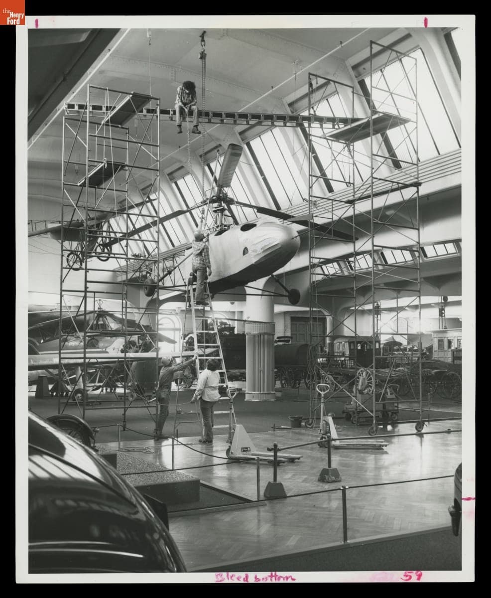 Moving the Sikorsky VS-300A Helicopter inside Henry Ford Museum, February 1978