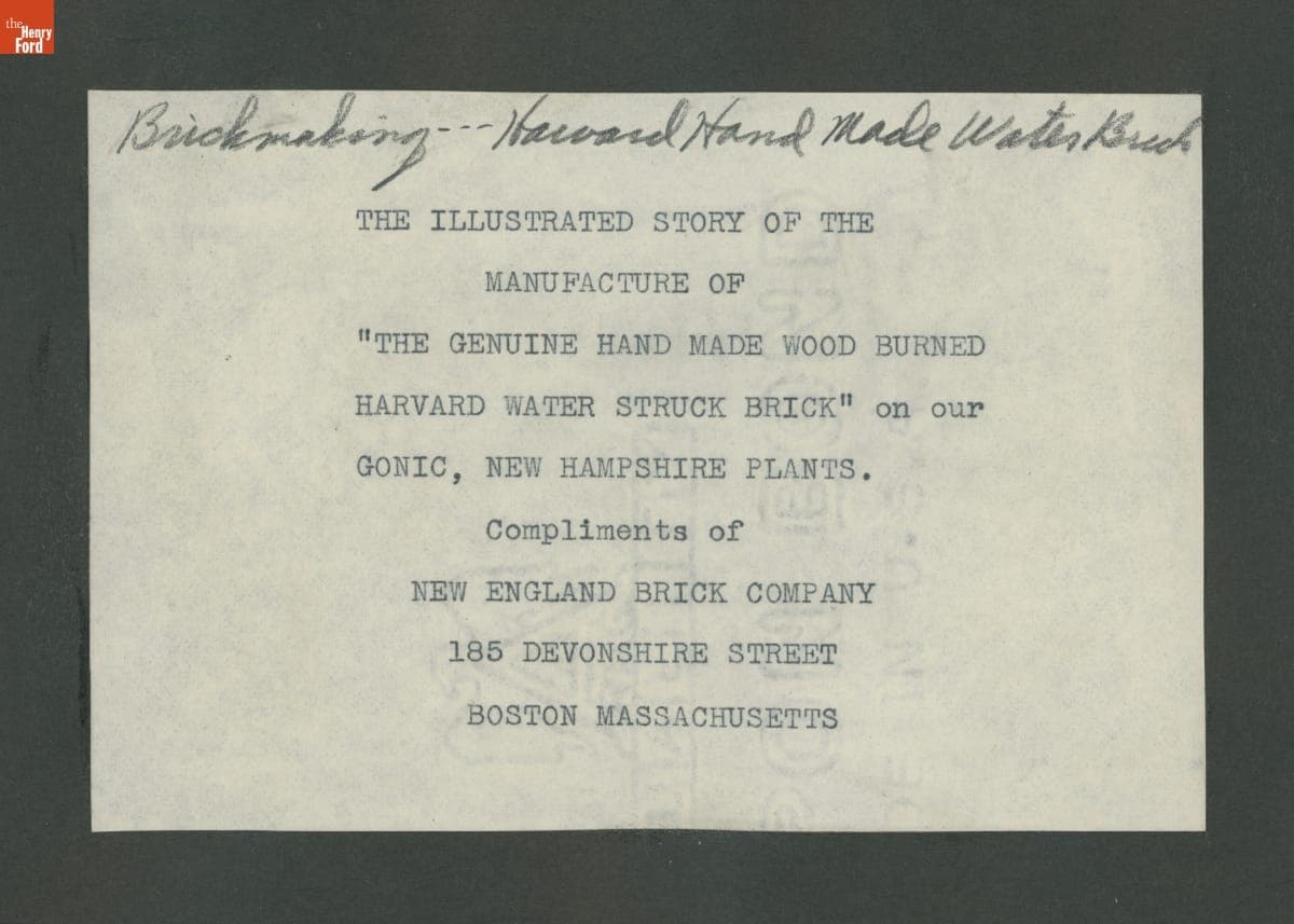 "The Illustrated History of the Manufacture of The Genuine Hand Made Wood Burned Harvard Water Struck Brick," 1900-1930