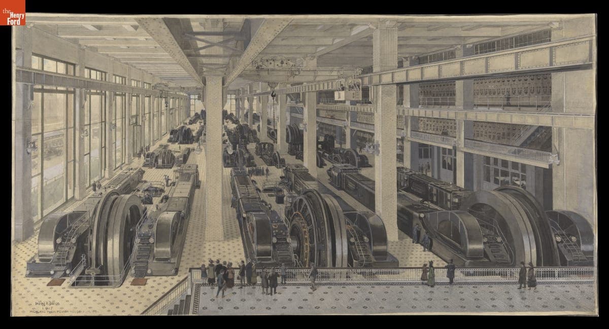 Interior View of the Ford Motor Company Highland Park Plant Power House, Rendering by Irving R. Bacon, 1917
