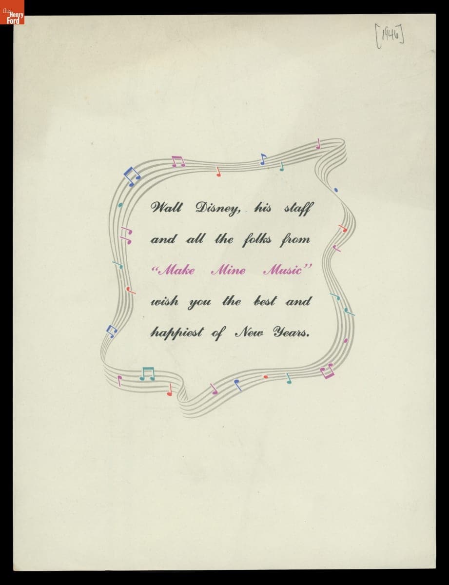 "Walt Disney, His Staff, and All the Folks from 'Make Mine Music' Wish You the Best and Happiest of New Years," 1945-1946