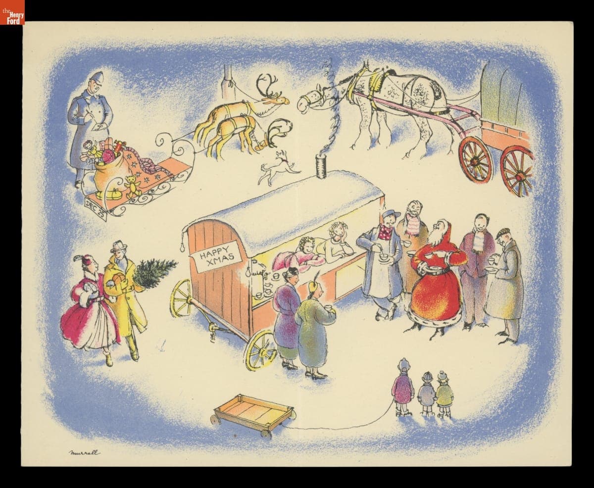Santa Stopping at a Food Stand for Refreshment, "Happy Xmas," 1951