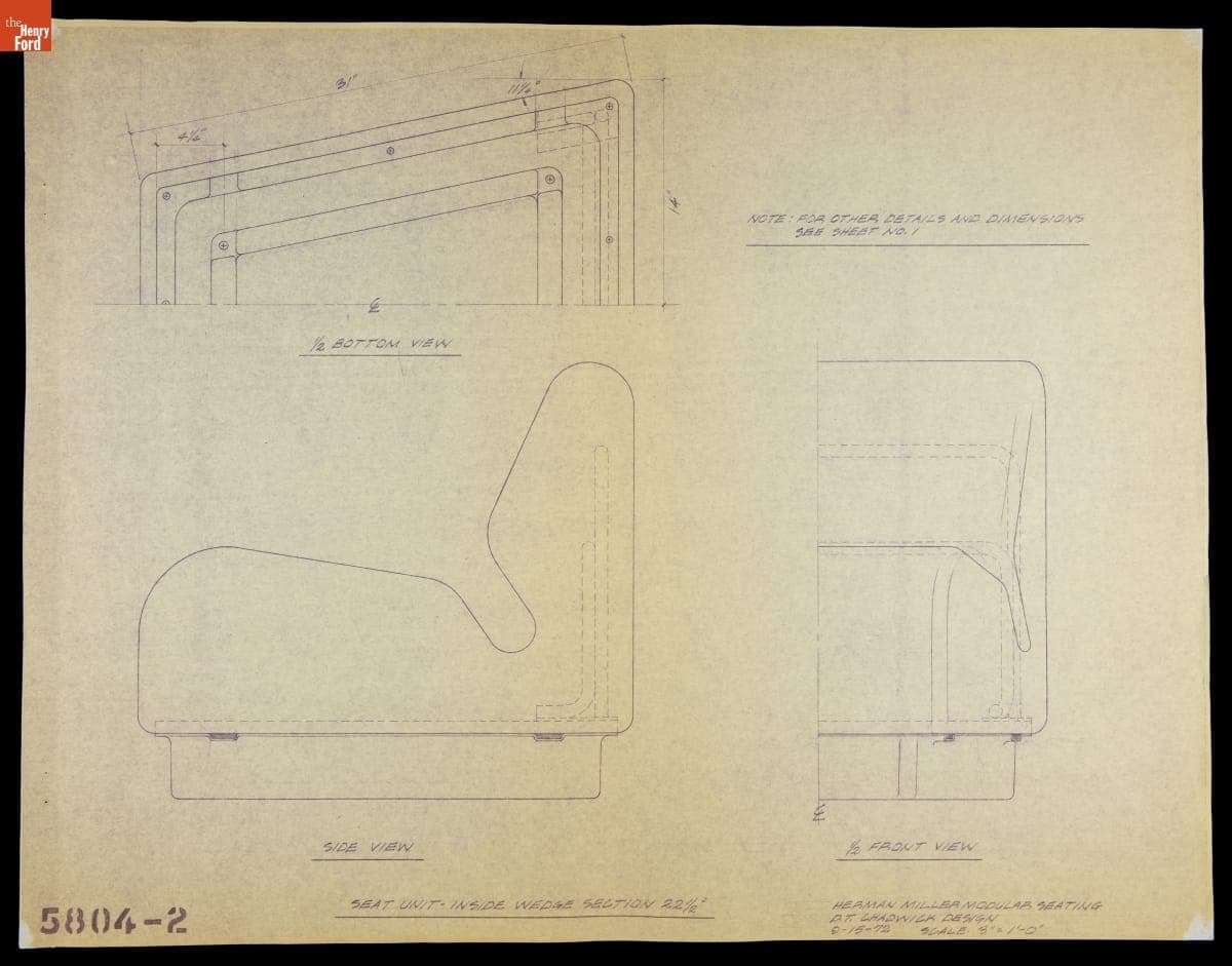 Herman Miller Modular Seating Design by Don Chadwick, "Seat Unit-Inside Wedge Section 22 1/2°," September 15, 1972