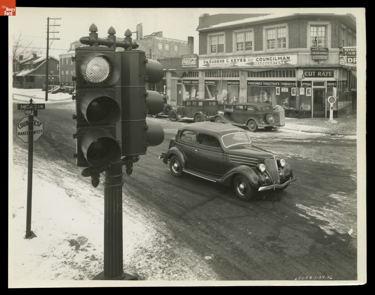 Ford Tudor V-8 Stopped at a Traffic Signal, Dearborn, Michigan, 1936
