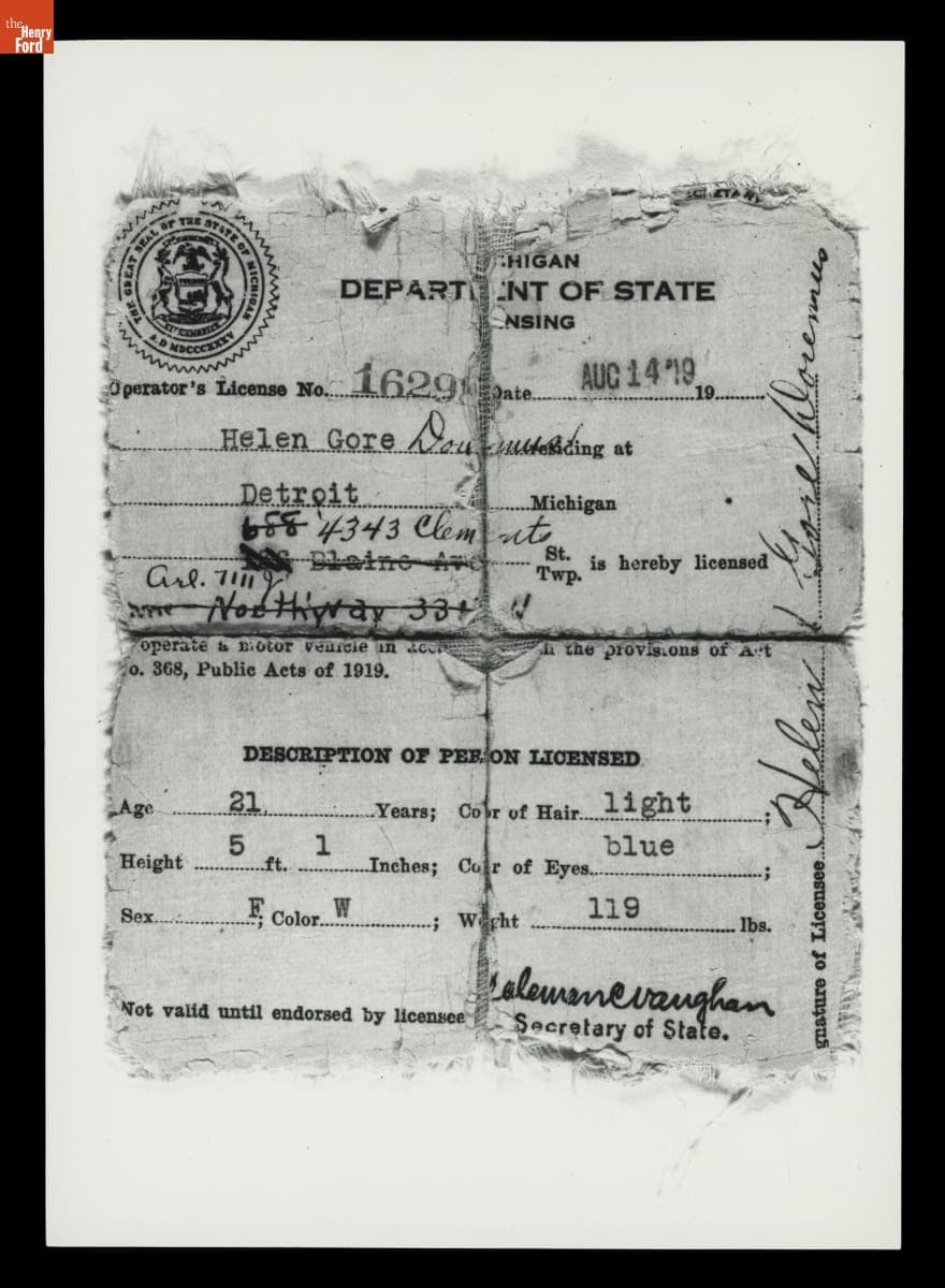 Michigan Driver's License Issued to Helen Gore, 1919