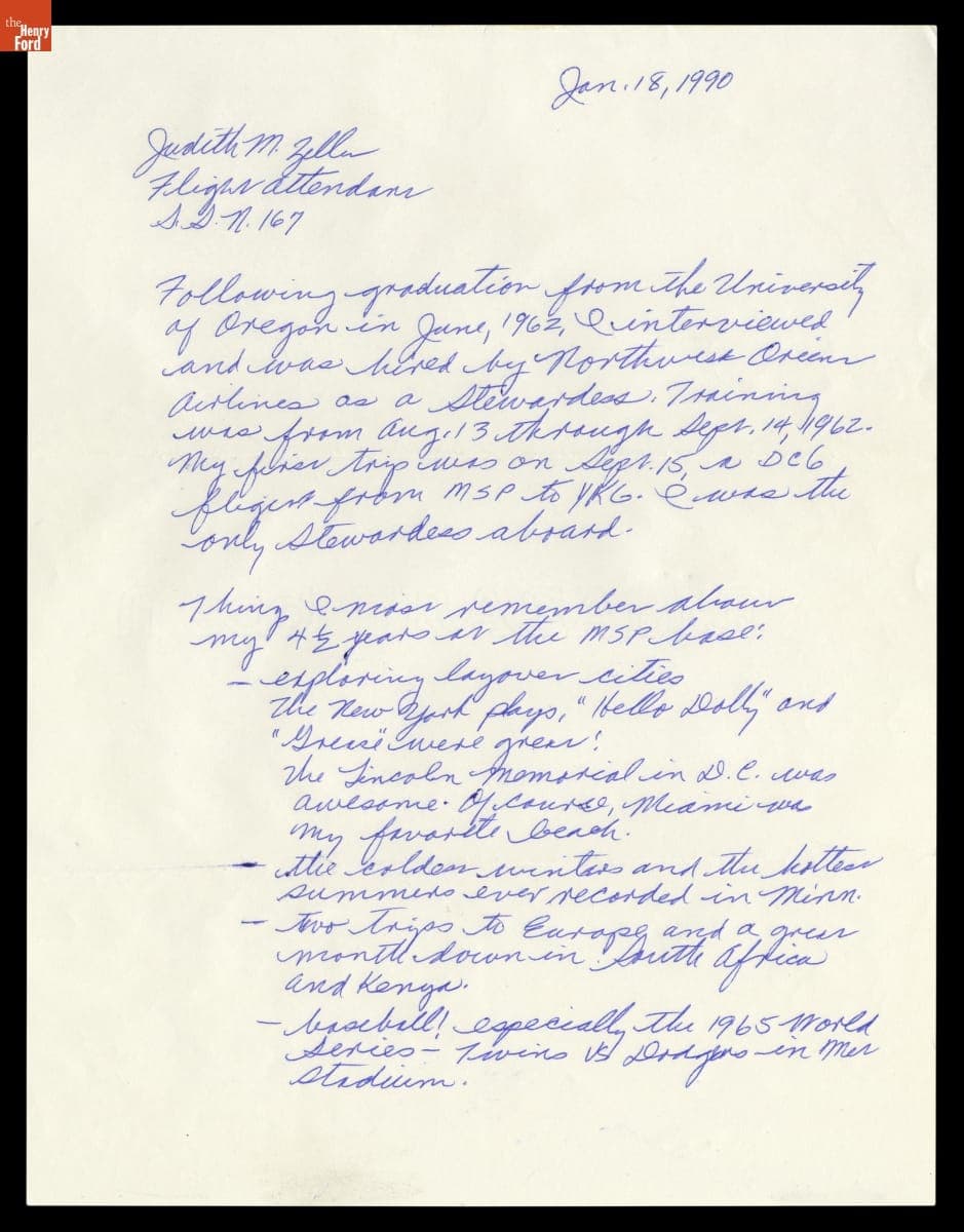 Reminiscence by Northwest Airlines Flight Attendant Judith M. Zeller, January 18, 1962