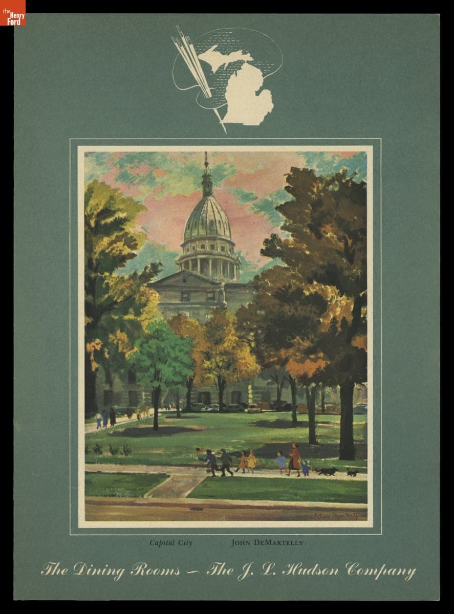 "The Dining Rooms - The J.L. Hudson Company" Menu Showing "Capital City" by John DeMartelly, 1948