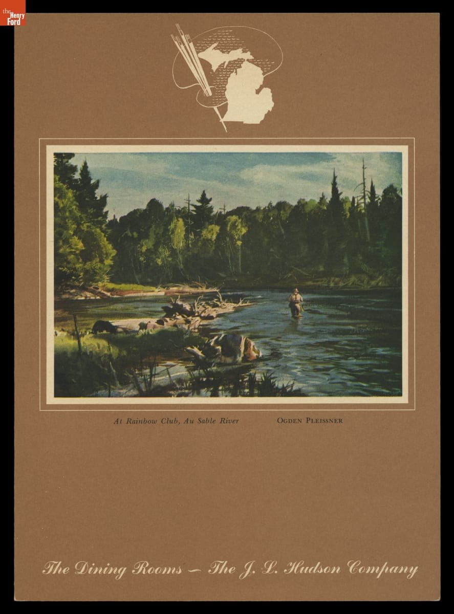 "The Dining Rooms - The J.L. Hudson Company" Menu Showing "At Rainbow Club, Au Sable River," 1949