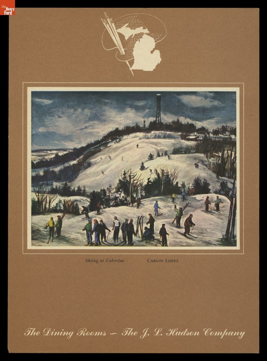 "The Dining Rooms - The J.L. Hudson Company" Menu Showing "Skiing at Caberfae," 1949