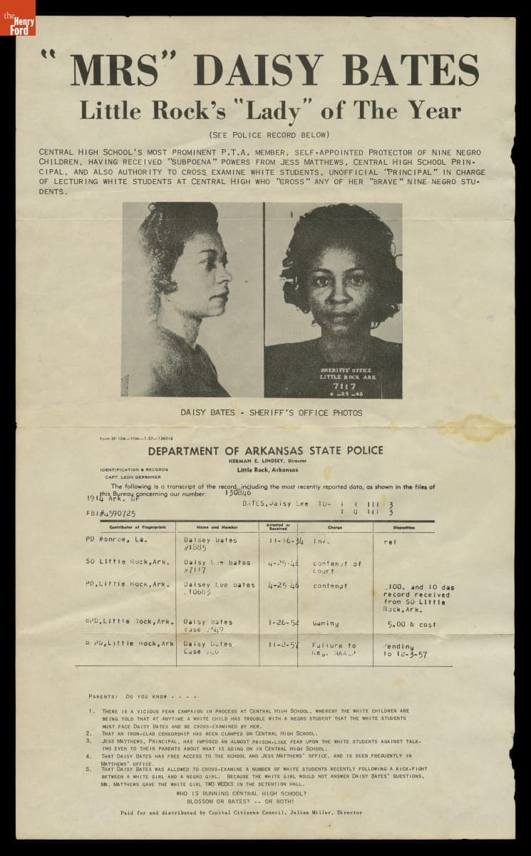 Arkansas State Police Poster, "Mrs." Daisy Bates: Little Rock's "Lady" of the Year, 1957