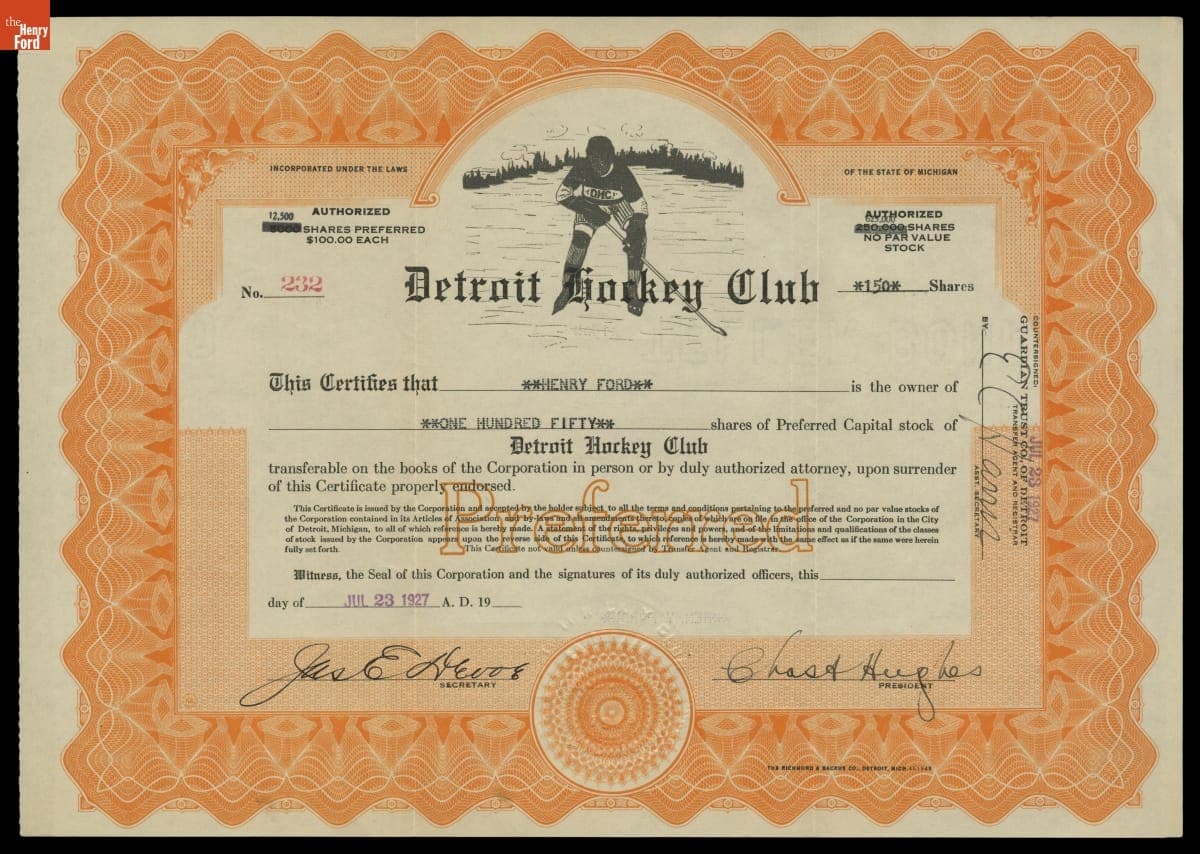 Detroit Hockey Club Stock Certificate Issued to Henry Ford, July 23, 1927