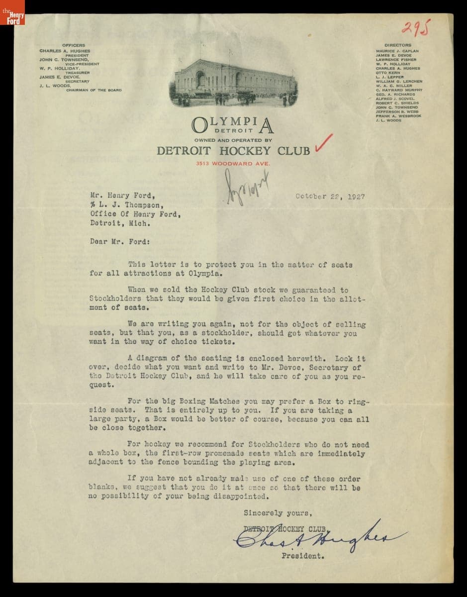Letter to Henry Ford from Charles A. Hughes, President of Detroit Hockey Club, Regarding Tickets and Seats, October 22, 1927
