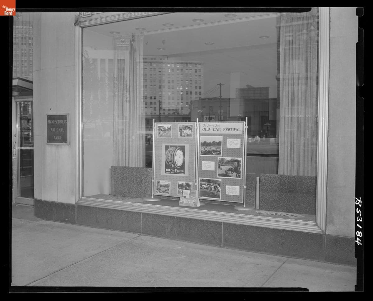 Old Car Festival Advertising Display at Manufacturers National Bank of Detroit, August 19, 1969