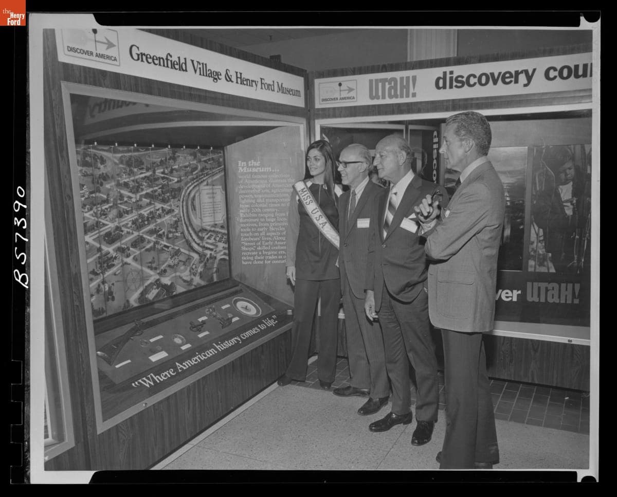 Frank Caddy Viewing the Henry Ford Museum Showcase in the "Discover America" Exhibit, Chicago, Illinois, January 1971