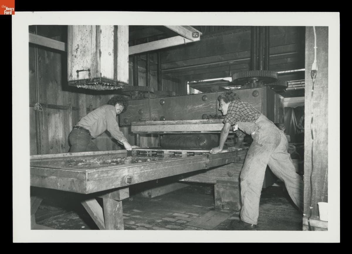 Pressing Cider at Greenfield Village Cider Mill during "Autumn Harvest," 1981