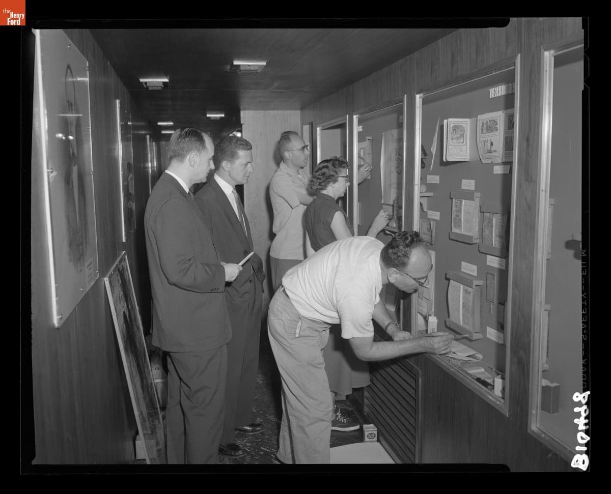 Edison Institute Staff Installing the "Schoolroom Progress U.S.A." Traveling Exhibition, August 26, 1955