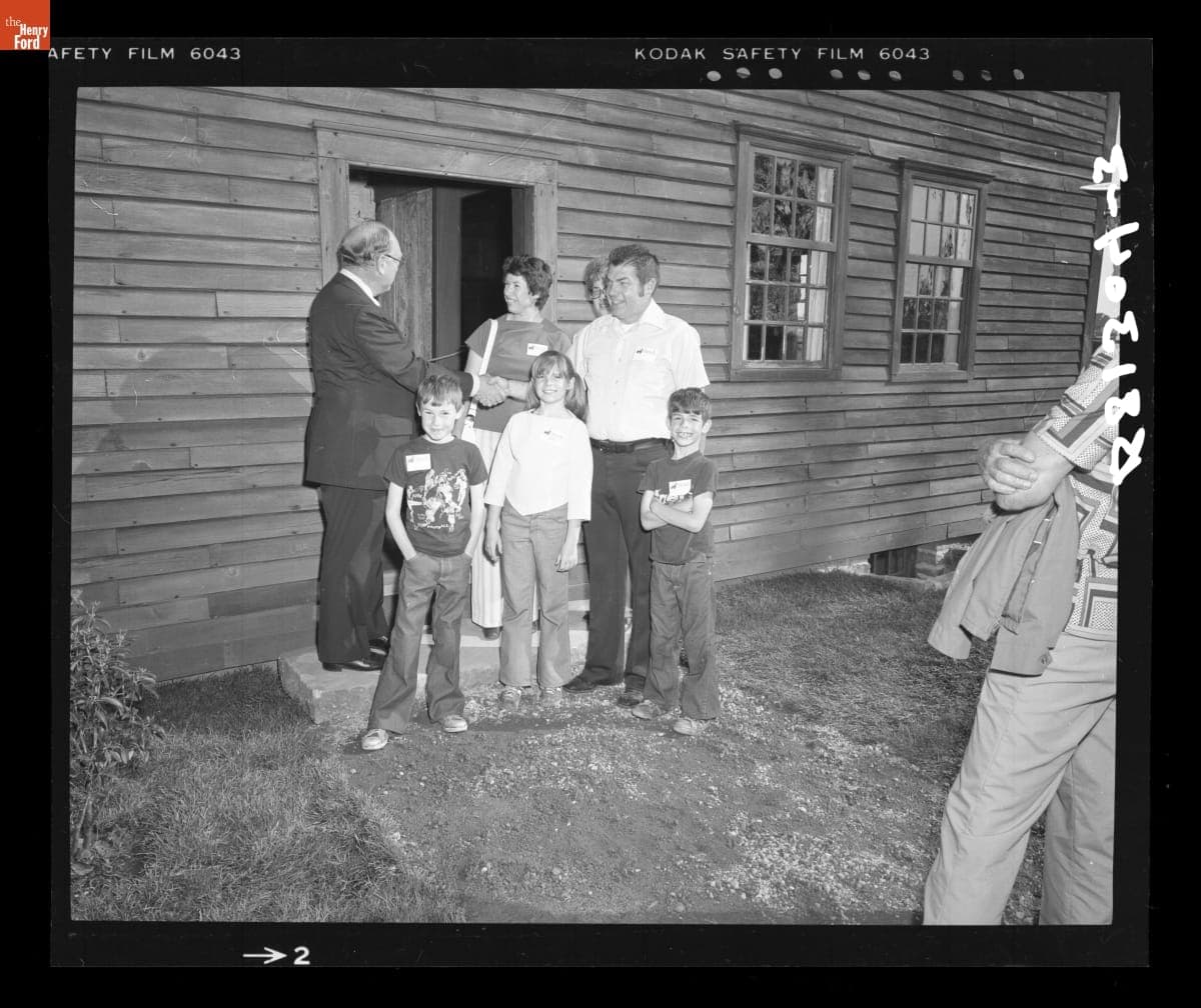 Robert Wheeler and Guests at Friends Preview Opening of Daggett Farmhouse in Greenfield Village, June 1978