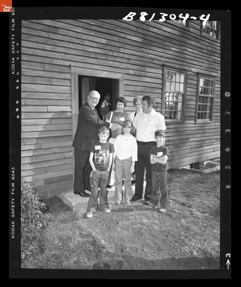 Robert Wheeler and Guests at Friends Preview Opening of Daggett Farmhouse in Greenfield Village, June 1978