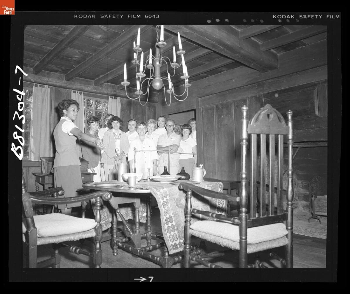 Guide Kim Turner Shows Visitors the Interior of Daggett Farmhouse in Greenfield Village, June 1978