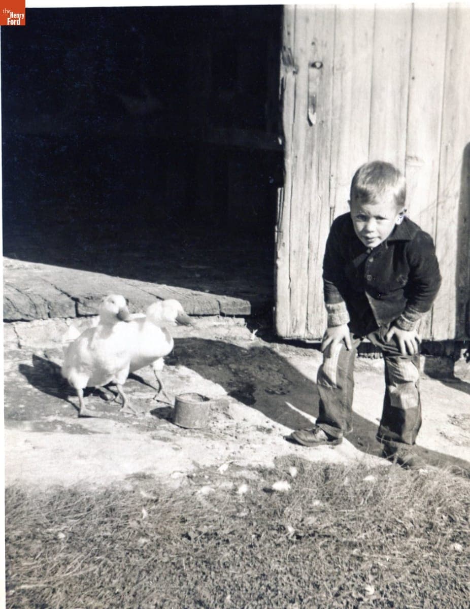 Bobby Kelley, Age 3, with Ducks at the Kelley Farm Barn Door, 1948
