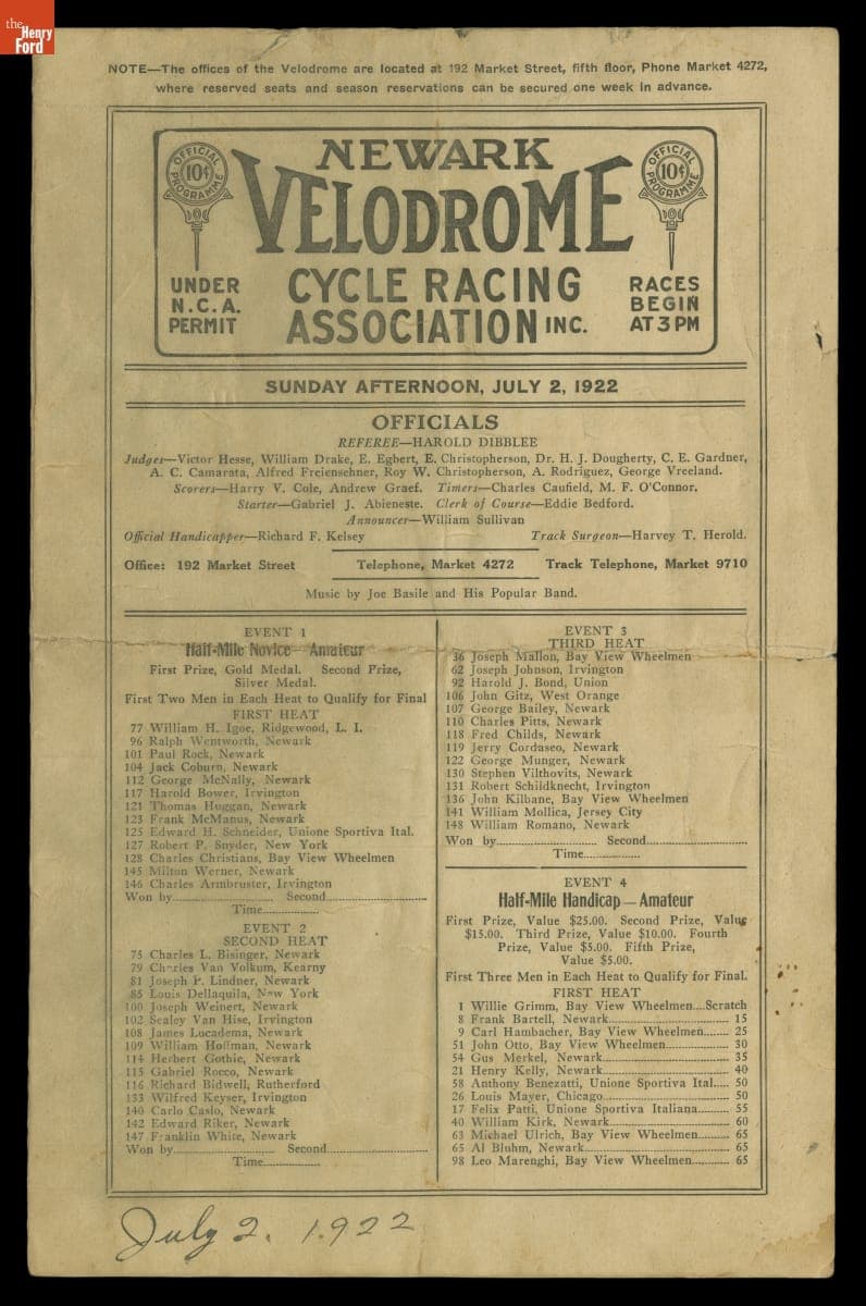 Newark Velodrome Cycle Racing Association Program, Sunday, July 2, 1922
