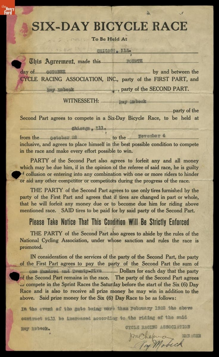 Cycle Racing Association, Inc. Six-Day Bicycle Contract Signed by Roy Mobeck, 1922