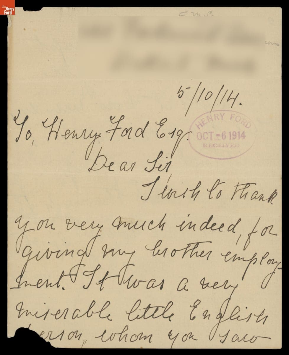 Letter to Henry Ford from Amy Hopkins, Thanking Him for Providing Employment for Her Brother, May 10, 1914