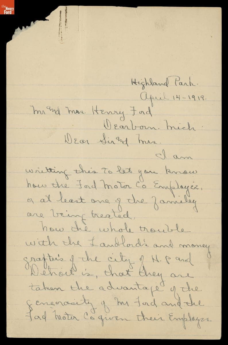 Letter to Henry Ford from Ford Motor Company Employee Thomas E. Hope, April 14, 1919