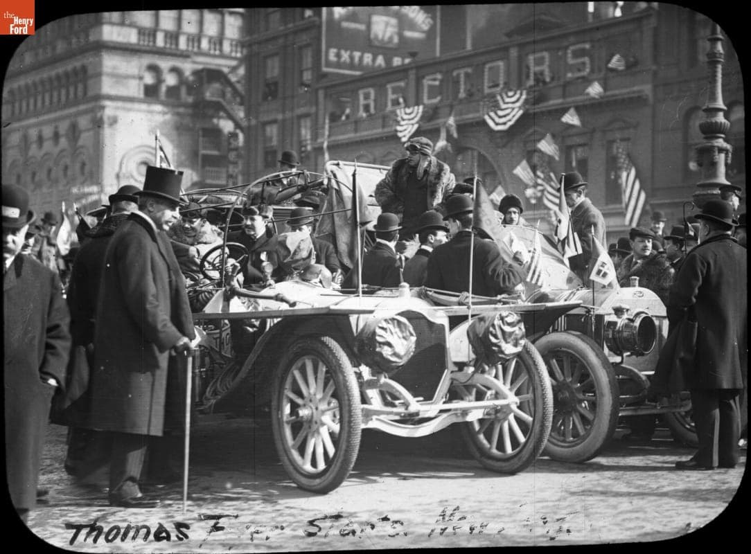 American Thomas Flyer and the Italian Zust in Times Square Ready for the Start of New York to Paris Race, 1908