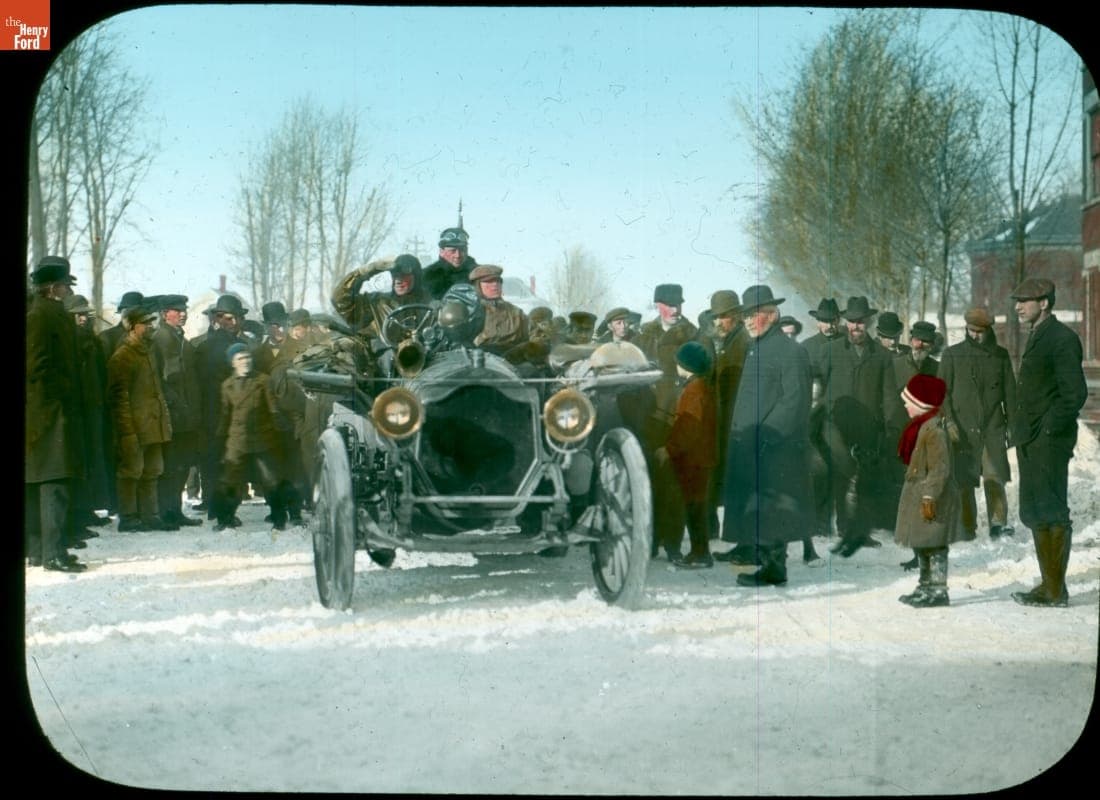 Thomas Flyer Draws a Crowd in the Snow during the New York to Paris Race, Eastern United States, 1908