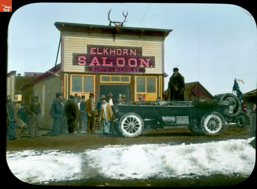 Thomas Flyer Parked in Front of the Elkhorn Saloon in Wyoming, New York to Paris Race, 1908
