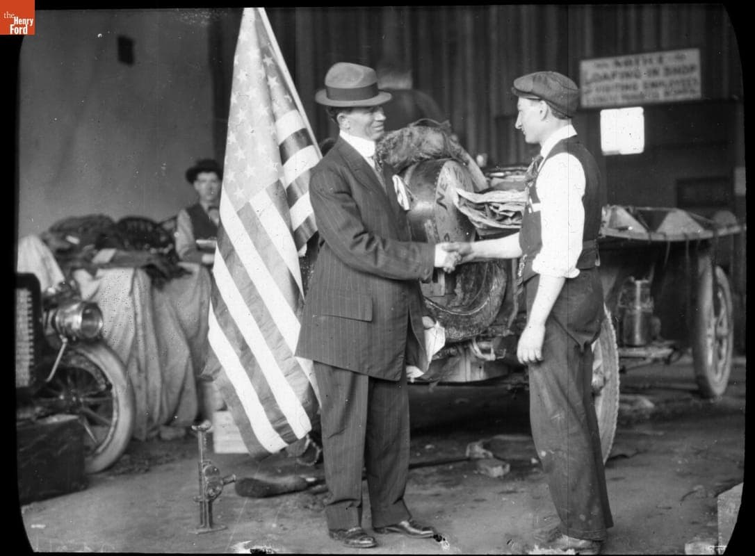 Linn Mathewson Shaking Hands with the New Thomas Flyer Driver, Harold Brinker, in Ogden, Utah, New York to Paris Race, 1908