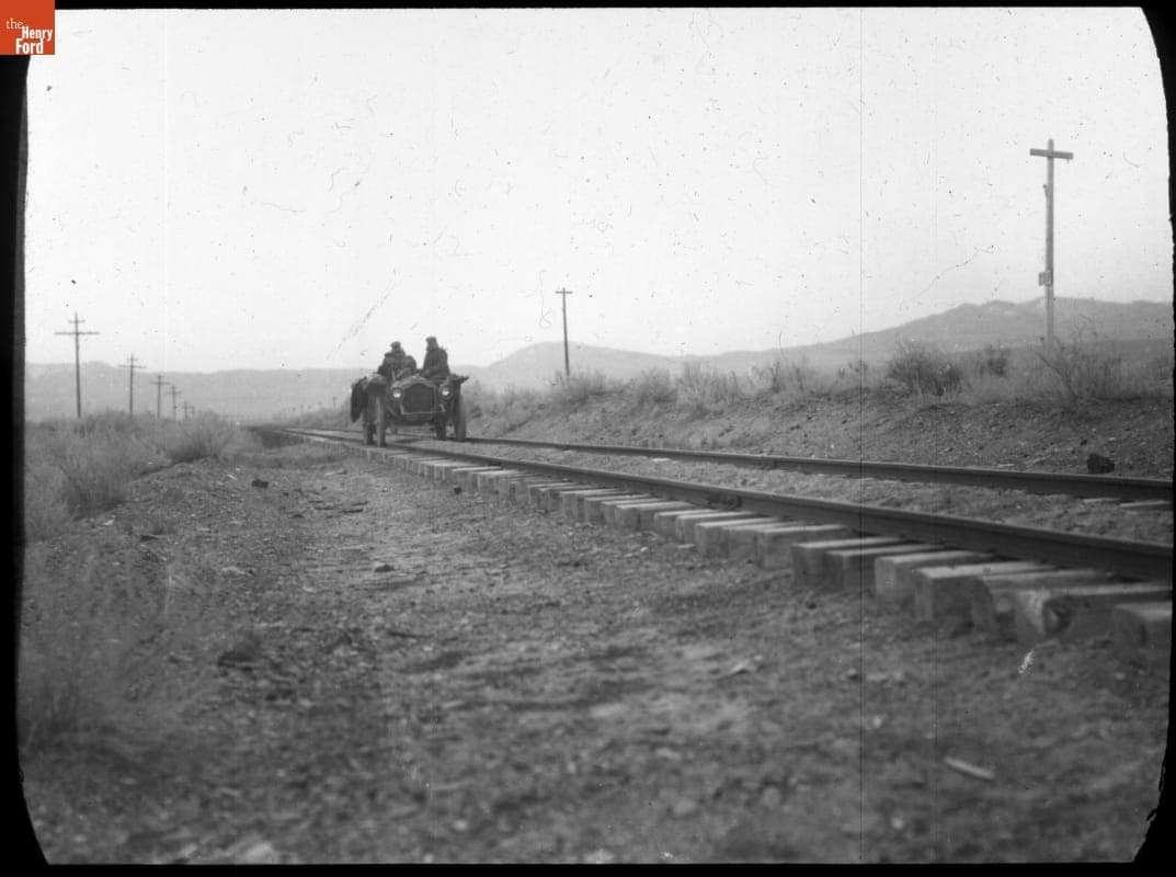 Thomas Flyer on Railroad Tracks near Lake Station, Utah, New York to Paris Race, 1908