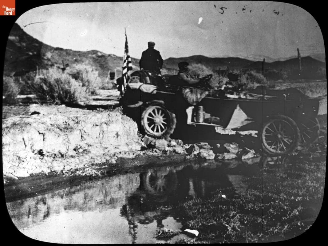 Thomas Flyer Crossing Over Quicksand on Rocks, near Twin Springs, Nevada, New York to Paris Race, 1908