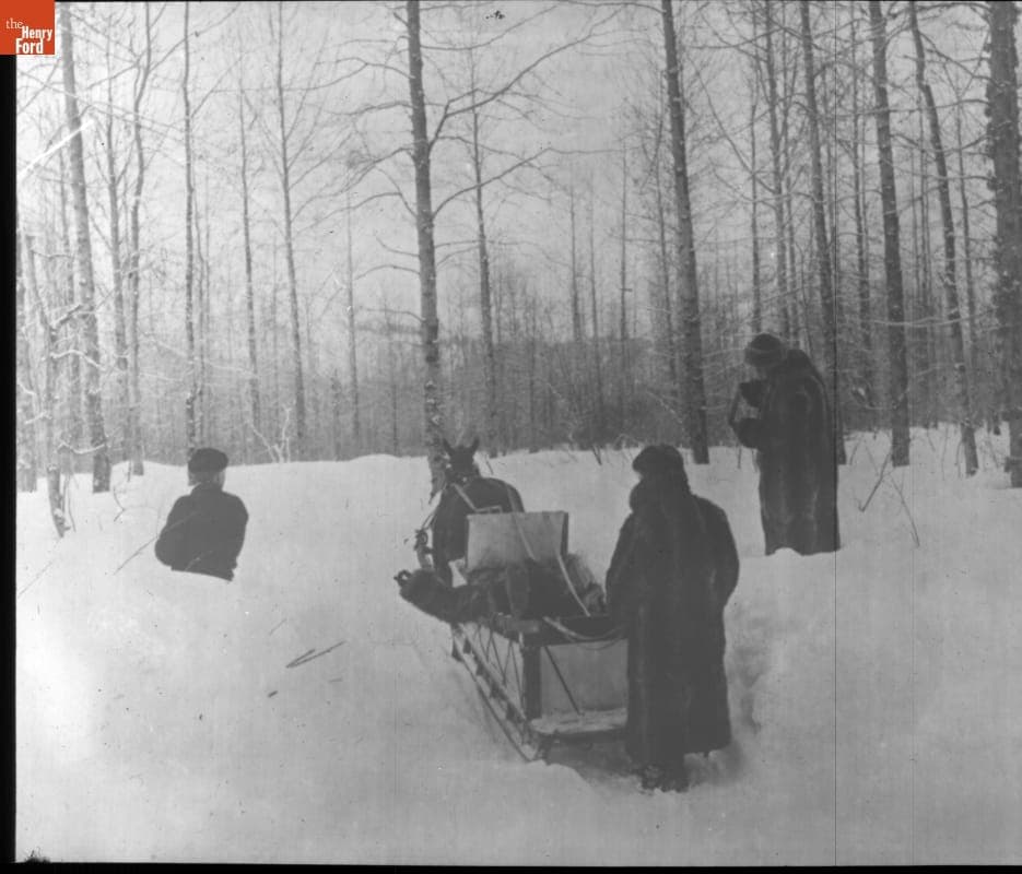 Thomas Flyer Team Locating Trail with Horse-Drawn Sled, Valdez, Alaska, New York to Paris Race, 1908